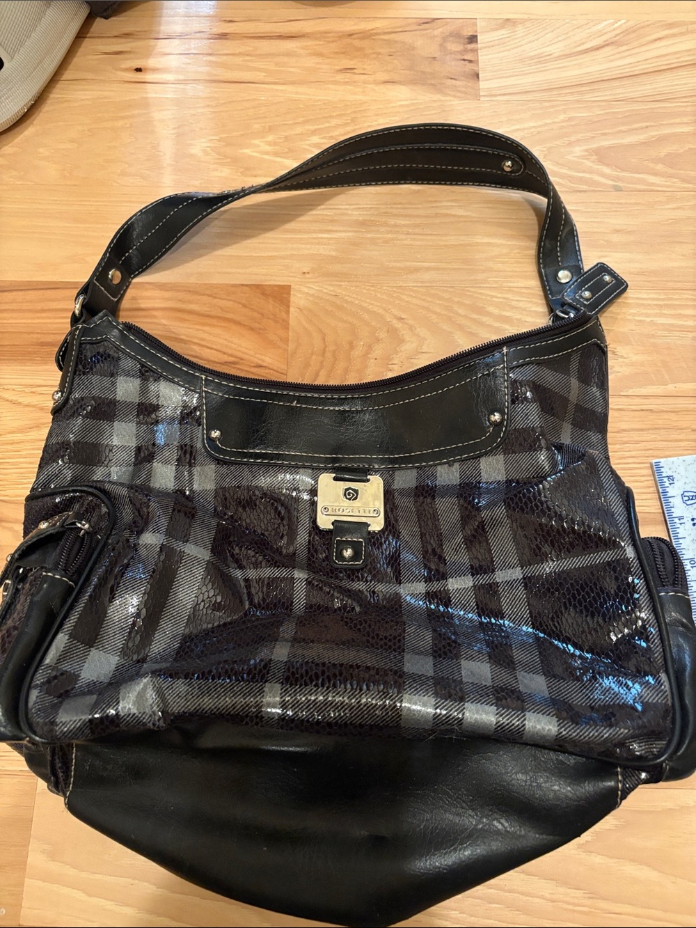 Rosetti Black and Gray Plaid Shoulder Bag with Logo Plate